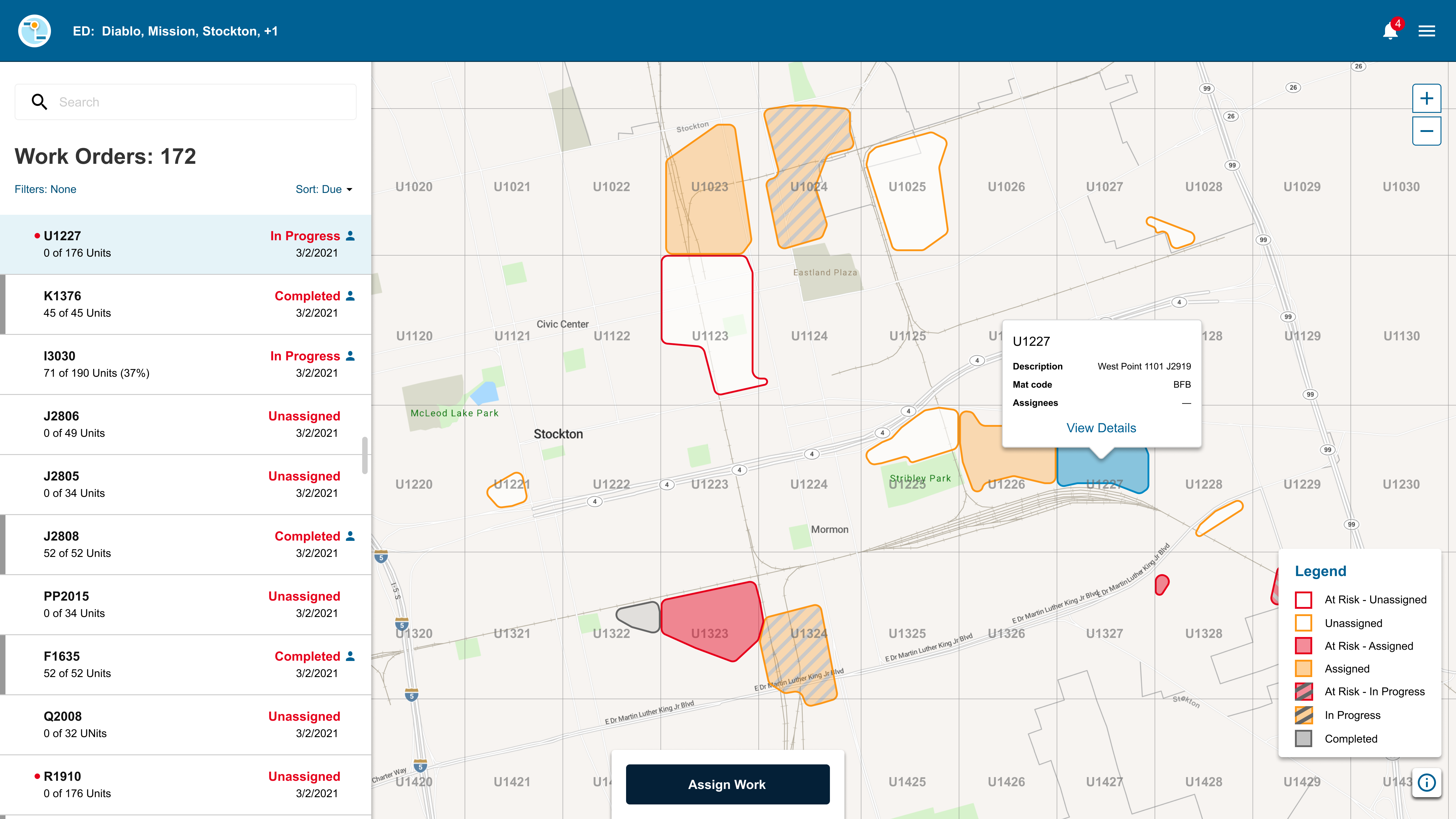 Global map view home with the work order list and a map of color-coded work areas